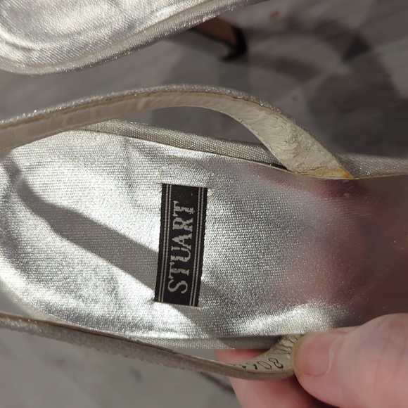 Stuart Weitzman Silver Leather Crystal Beaded Sling Back Heels - Picture 5 of 8